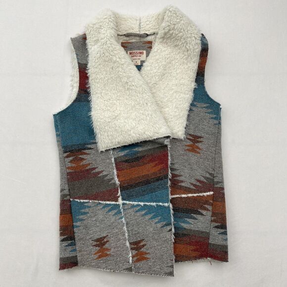 Mossimo Supply Vest Womens Medium Gray Teal Aztec Sherpa Lined Open Front - Picture 1 of 11